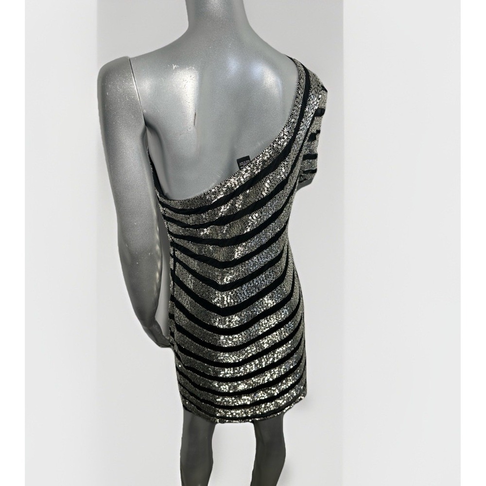 Aleta One-Shoulder Striped Beaded Sequin Mini Dress - Black & Silver 10 - Picture 8 of 13
